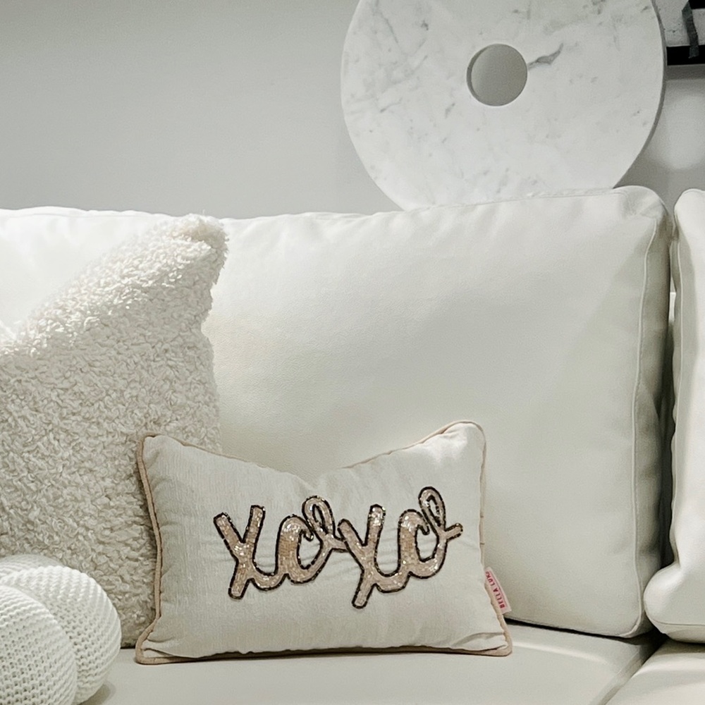 Bella Lux decorative pillow, off white/ivory blush pink piping, beaded wording